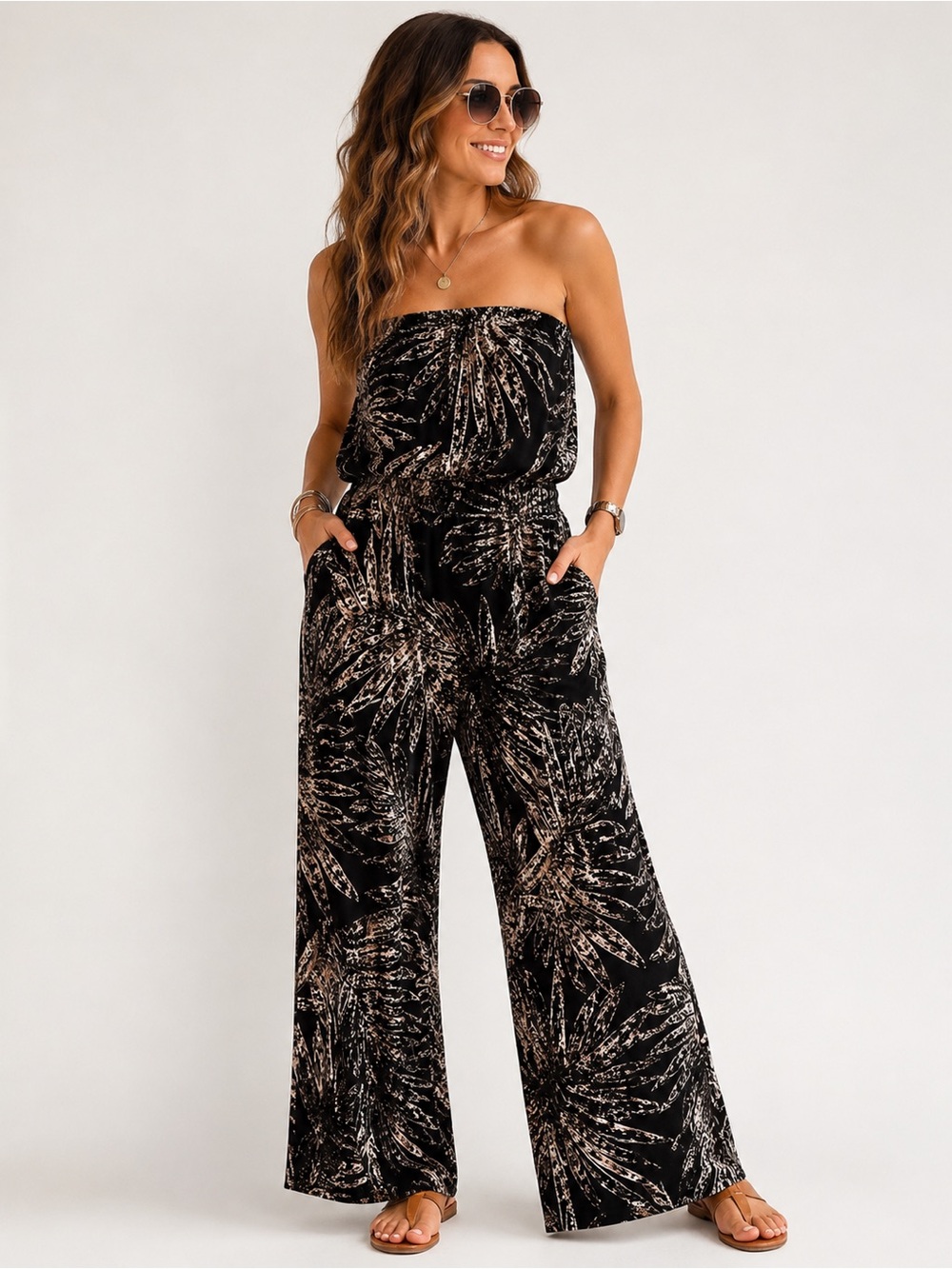 Connected Apparel Strapless Wide Leg Jumpsuit | Tropical Print | Resort Vacation